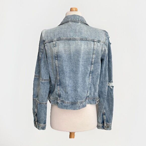 Free People Distressed Denim Jacket Womens Size Small Blue Jean Boho - Picture 2 of 6